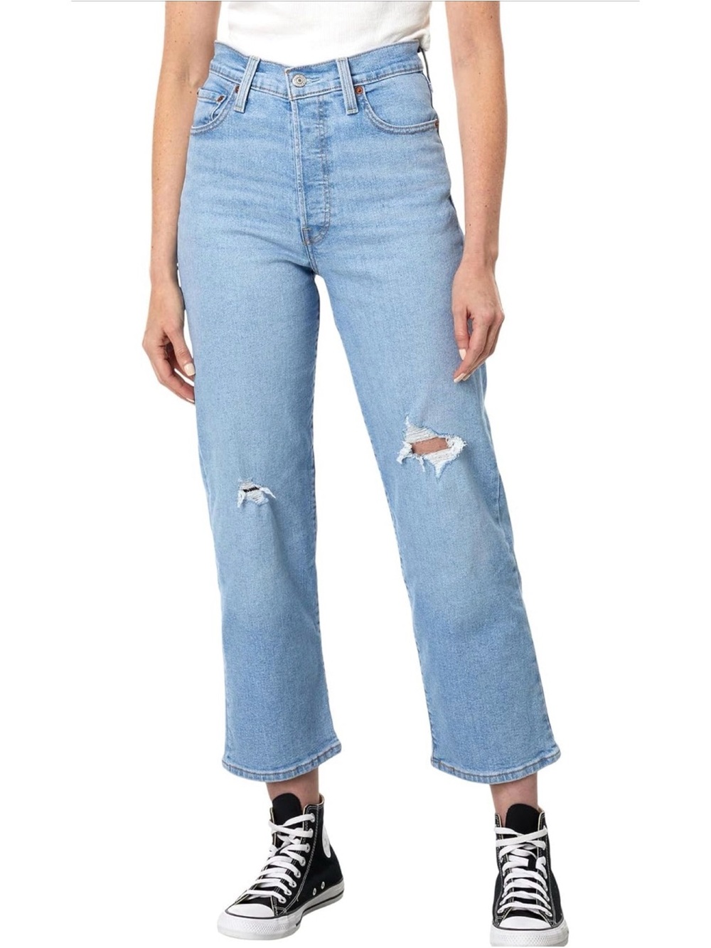 💙Levi's Women's Ribcage Light Wash Denim Distressed Straight Ankle Jeans | 12